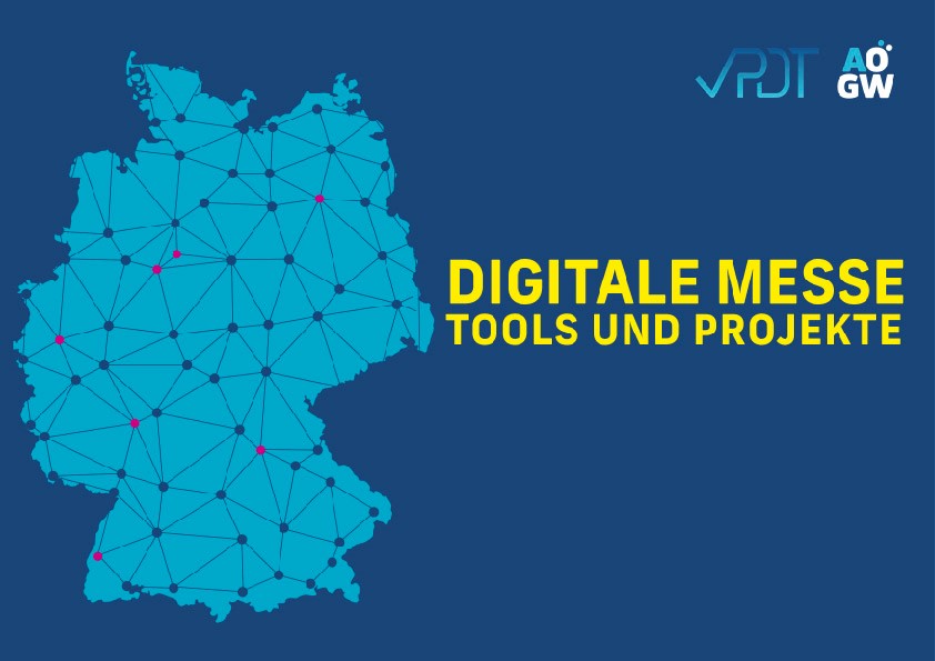 Das Bild zeigt Deutschlandkarte mit durch Linien verbundenen Städten und den Text: Digitale Messe - Tools und Projekte