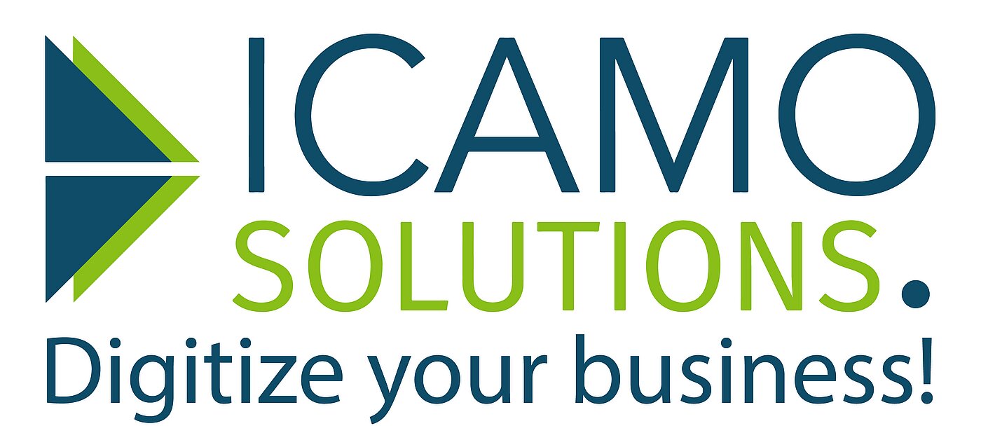 Das Bild zeigt das Logo der ICAMO Solutions GmbH: Text: Icamo Solutions. Digitize your business!