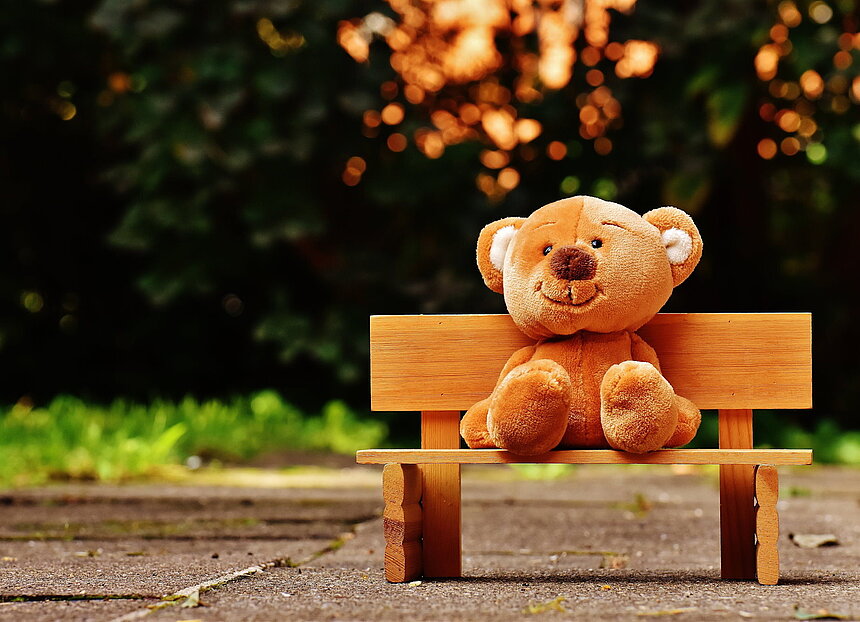 Foto eines Teddybären auf einer kleinen Holzbank im Grünen.