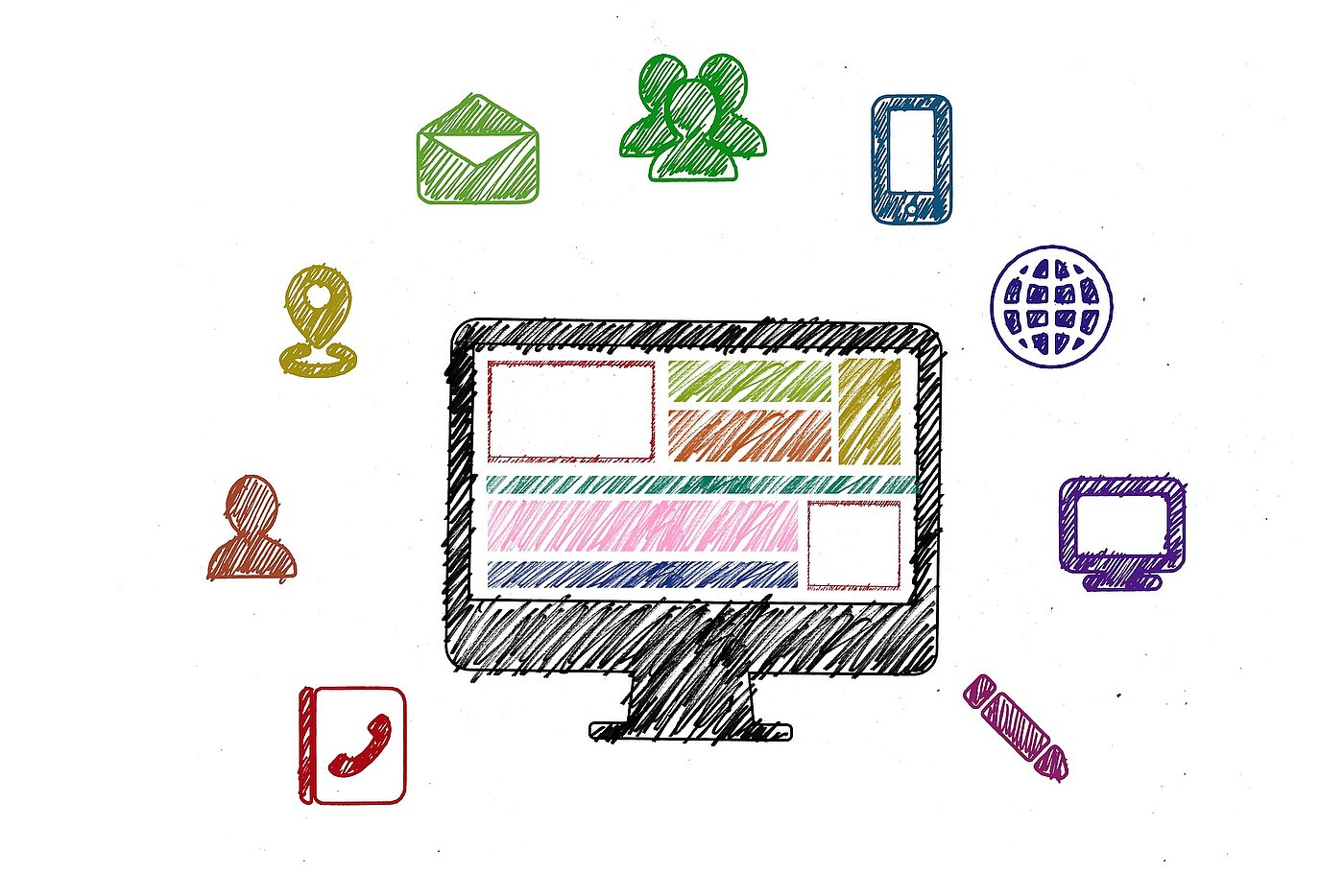 Illustration mit technisches Symbolen für Laptop, Handy, E-Mail etc.