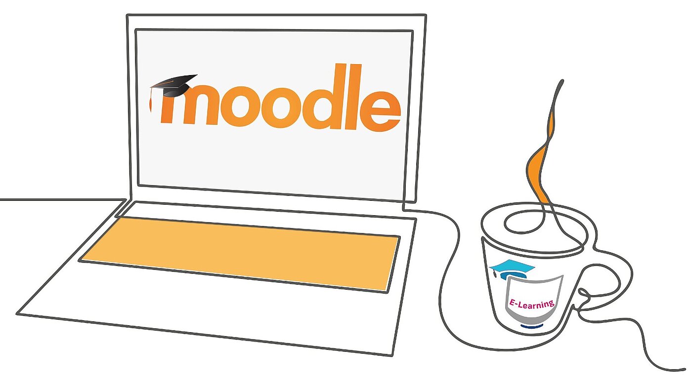 Das Bild zeigt die Grafik eines aufgeklappten Laptops mit dem Schriftzug "moodle" auf dem Diplay. Daneben eine Tasse mit einem Heißgetränk.