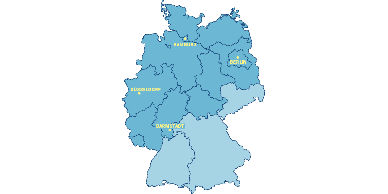 Die Grafik zeigt eine Karte von Deutschland mit den drei Standorten der Akademie.